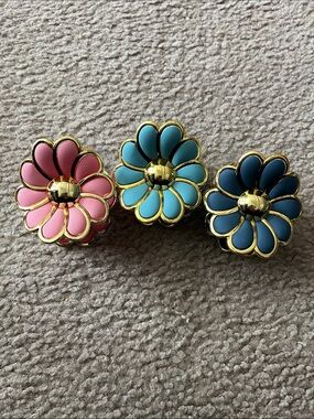 Gold-Trim Floral Enamel Hair Clip- Pink, Turquoise, Navy